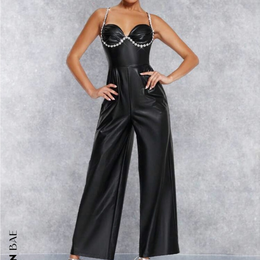 SHEIN BLACK PU LEATHER JUMPSUIT WITH PEARL STRAPS AND BEAUTIFUL DETAILS